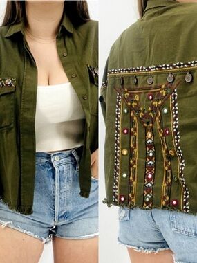 Anthropologie Beautiful Stories Olive Green Embroidered Utility Jacket M NWT
